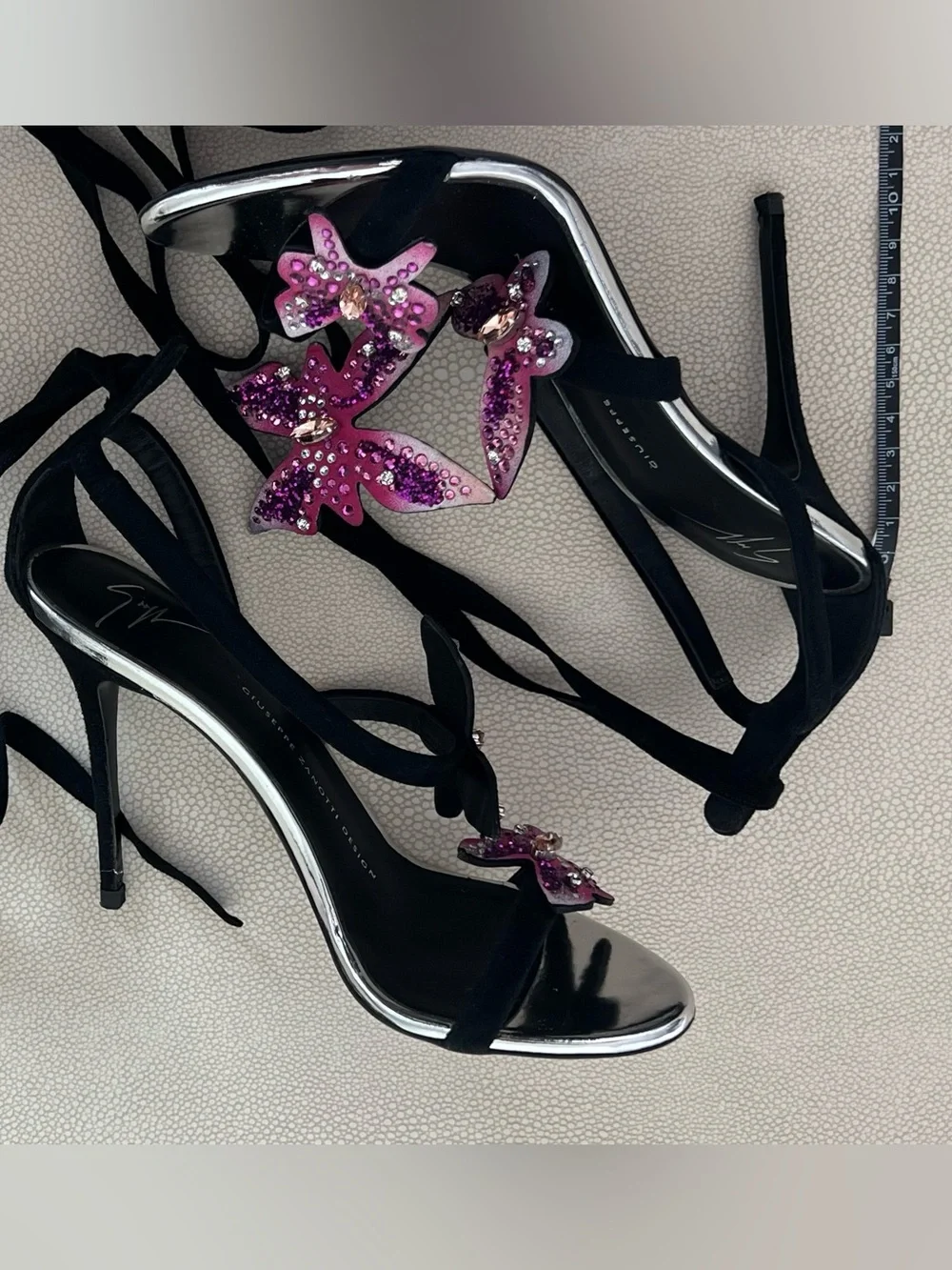 Giuseppe Zanotti Black Lace-Up Heels with Pink Crystal Floral Accents - Picture 6 of 6